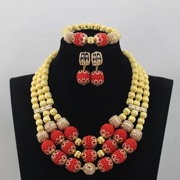

Charming African Bridal Gold Necklace Set Handmade Red Chunky Women Celebration Event Lace Jewelry Set Gifts Free Shipping QW640