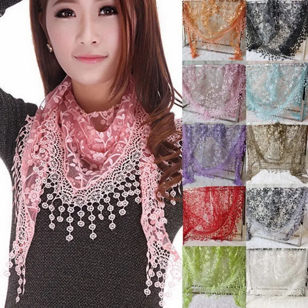 Women Sheer Short Scarf Wrap Shawl Lace Hollow Tassel Floral Silk