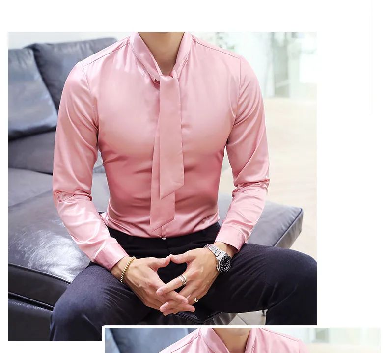 Рубашки Для мужчин розовый Camisa Masculina Slim Fit рубашки для Для мужчин s шелк Для мужчин s смокинг рубашки с галстуком платье с длинным рукавом клуб наряды