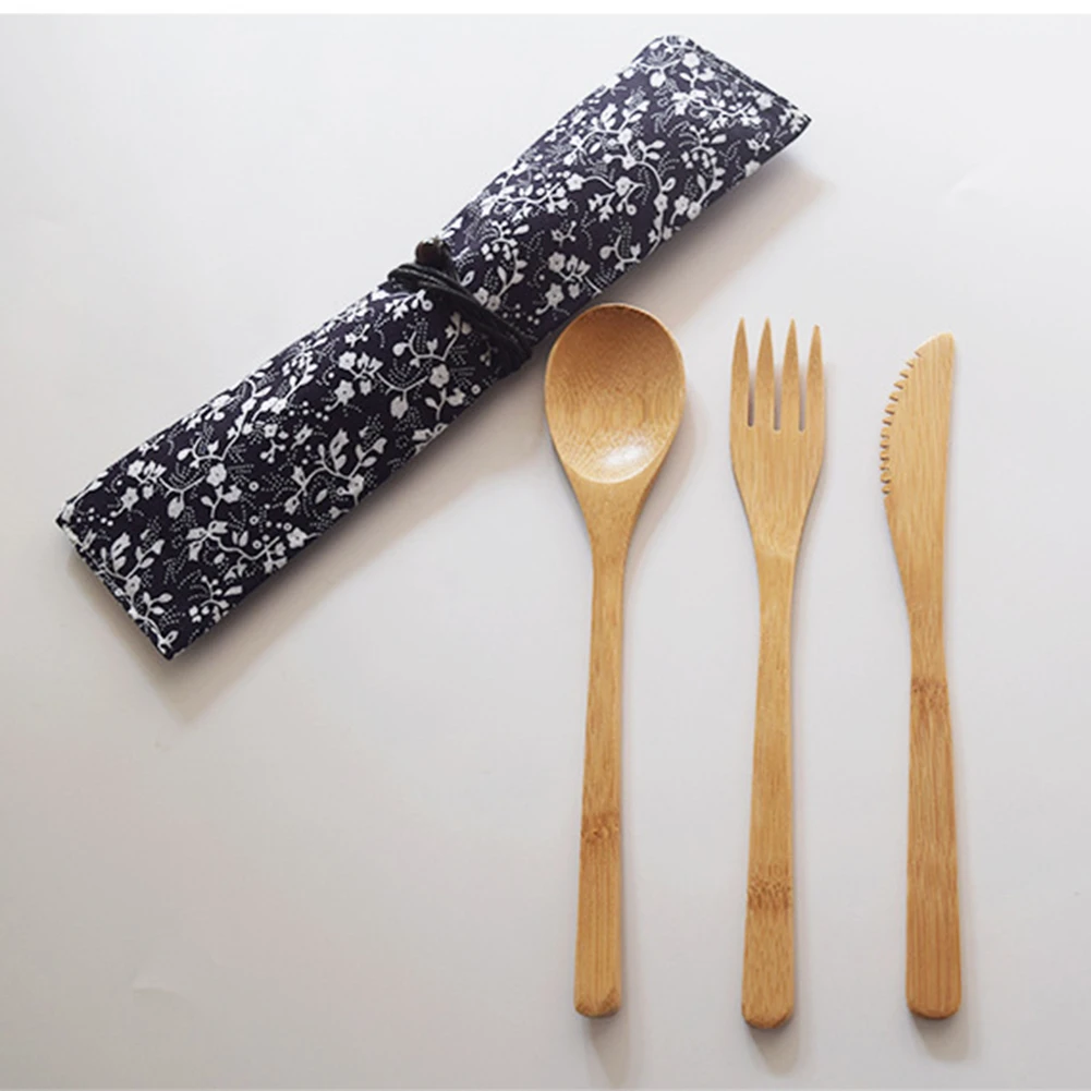 

3pcs Wooden Cutlery Reusable Bamboo Cutlery Set Portable Tableware Fork Spoon Knife Set with Cutlery Bag for Travel Utensil Set