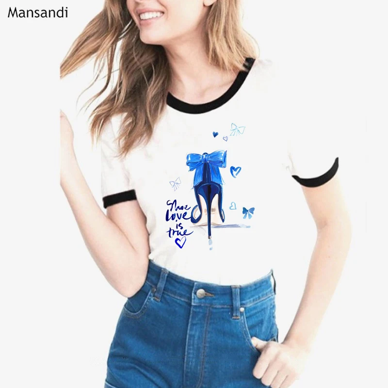 

2019 summer tops Bowknot High Heels Shoes Print T Shirt Women funny tee shirt femme harajuku shirt female camiseta mujer t-shirt