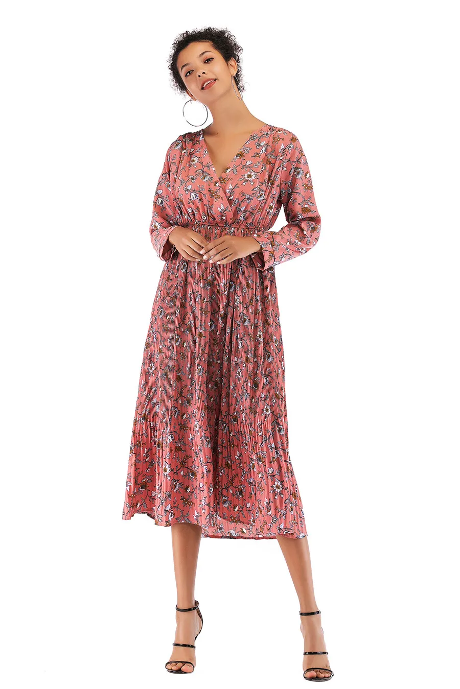 Gladiolus Hot 2018 Autumn Dress Women Long Sleeve V-Neck Sexy Floral Print Tunic Loose Midi Chiffon Dress Women Beach Sundress (25)