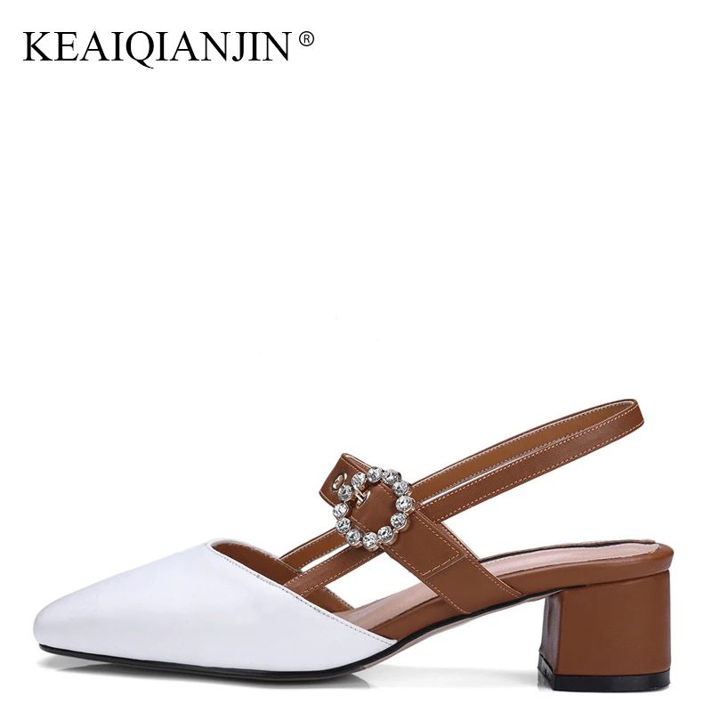 

KEAIQIANJIN Woman Summer White Crystal Sandals Fashion Black High Heels Shoes Sexy Plus Size 33-43 Genuine Leather Sandals 2018