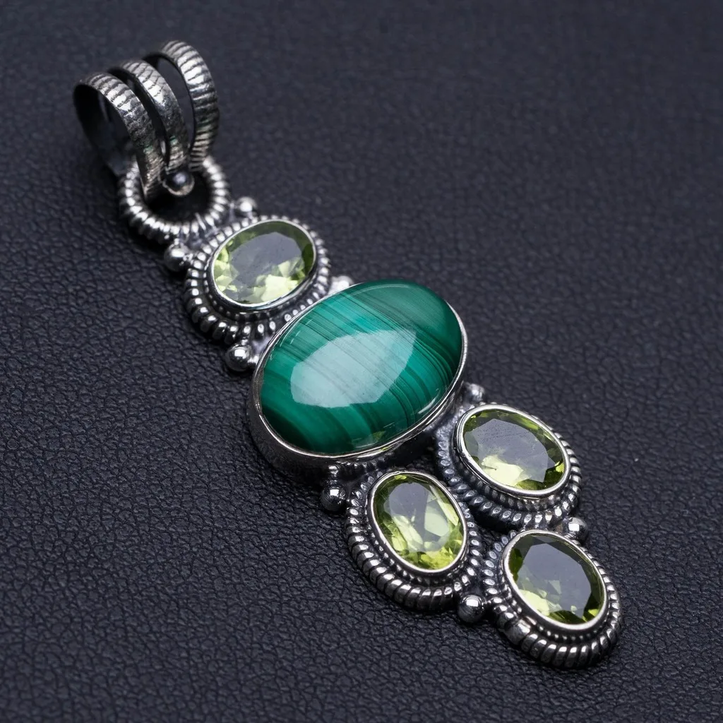 

Natural Malachite and Peridot Punk Style 925 Sterling Silver Pendant 2" P0182