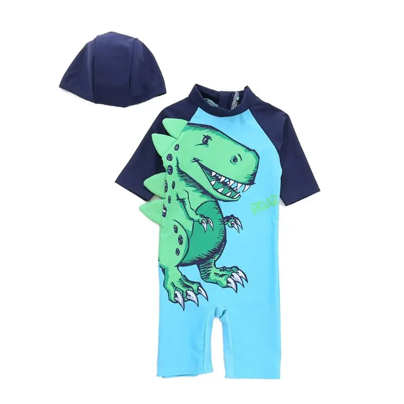 

Anti-UV Swimsuit With Dinosaur Printed Green Swimming Cap Short Sleeve Quick Dry Children Baby Boys Jumpsuit Diving Jersey