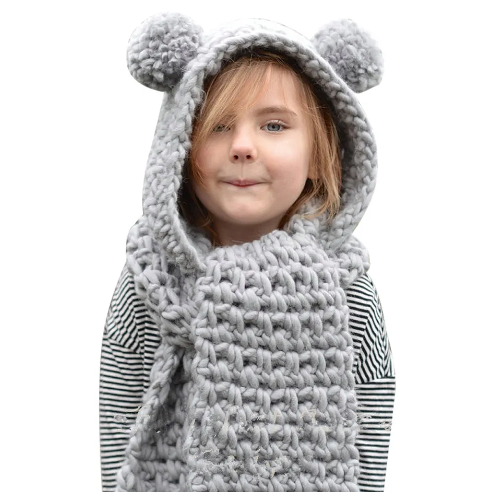 Koop New2017 Beste Koop Winter Wol Gebreide Dubbele Bal Hoeden Baby Meisjes Sjaals Hooded Cowl Beanie Sjaal golas de inverno echarpe