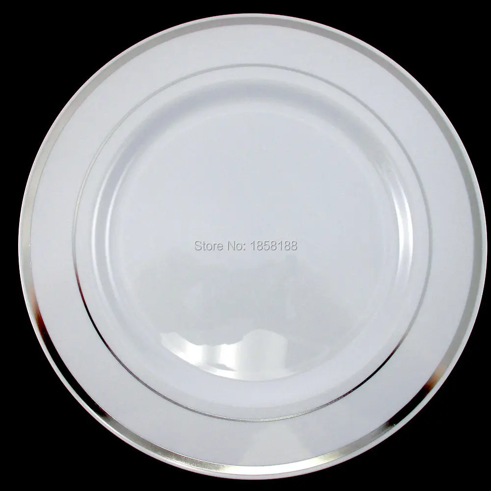 120 шт./лот 10," Белая серебряная оправа пластиковая обеденная тарелка круглая тарелка Свадебные тяжелые вечерние праздничные Первичная пластина EMS