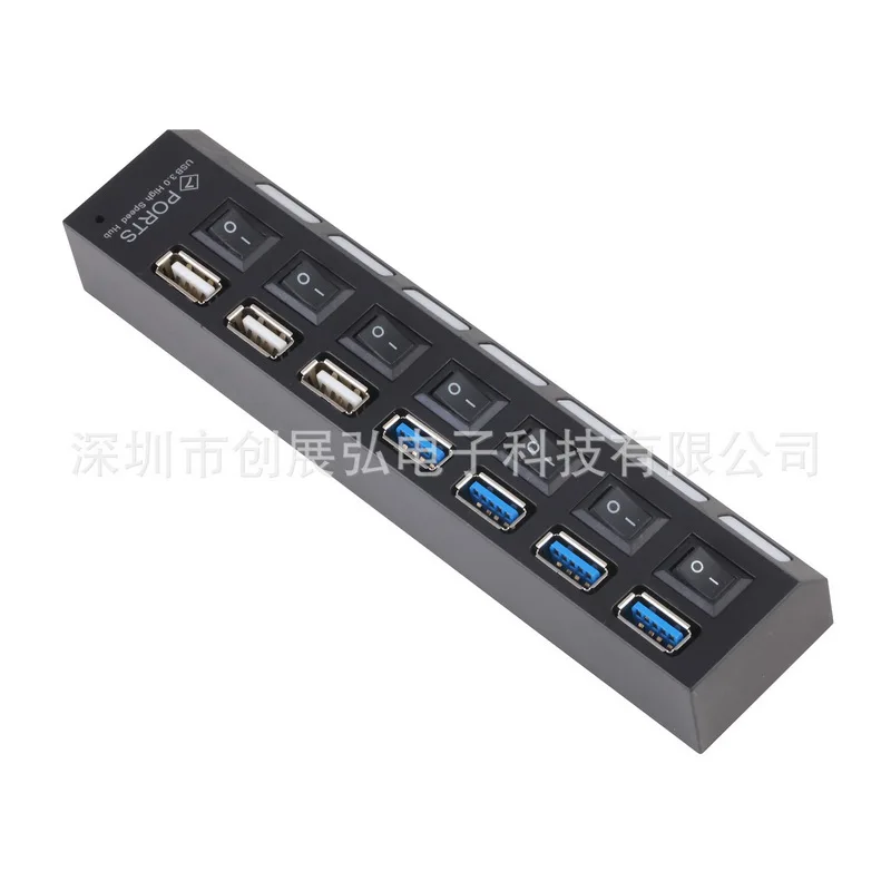 200 шт., 7 портов USB 3,0 хаб сверхскоростной сплиттер+ вкл/выкл переключатель на порт+ адаптер питания кабель для ПК настольный ноутбук
