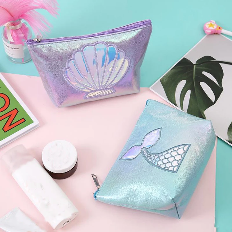 

1 Pcs Kawaii Laser Mermaid Tail Shell Wings PU Pencil Bag Cosmetic Cases Large Capacity Organizer Travel Makeup Bags Stationery