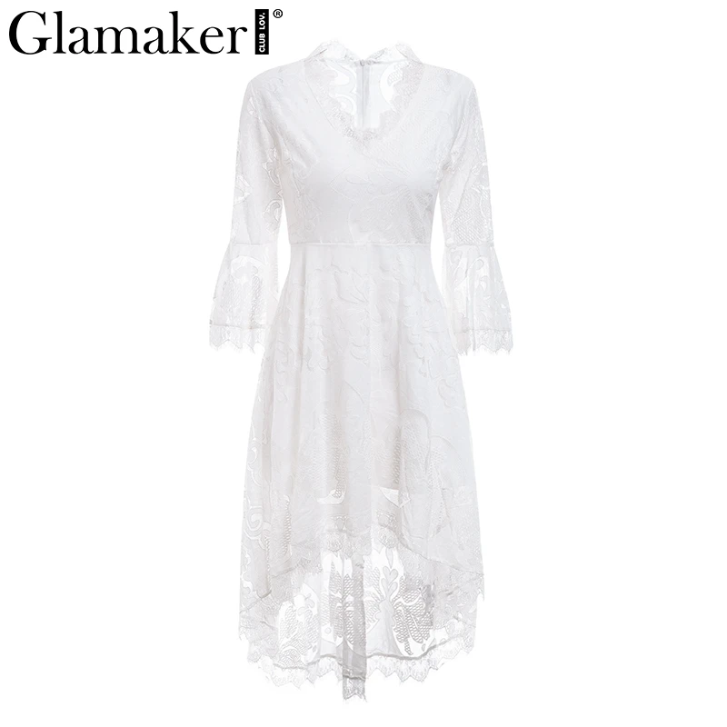 Glamaker сексуальное асимметричное платье с кружевной оборкой женское белое пляжное платье с расклешенными рукавами элегантные женские свободные вечерние платья миди Клубное летнее платье