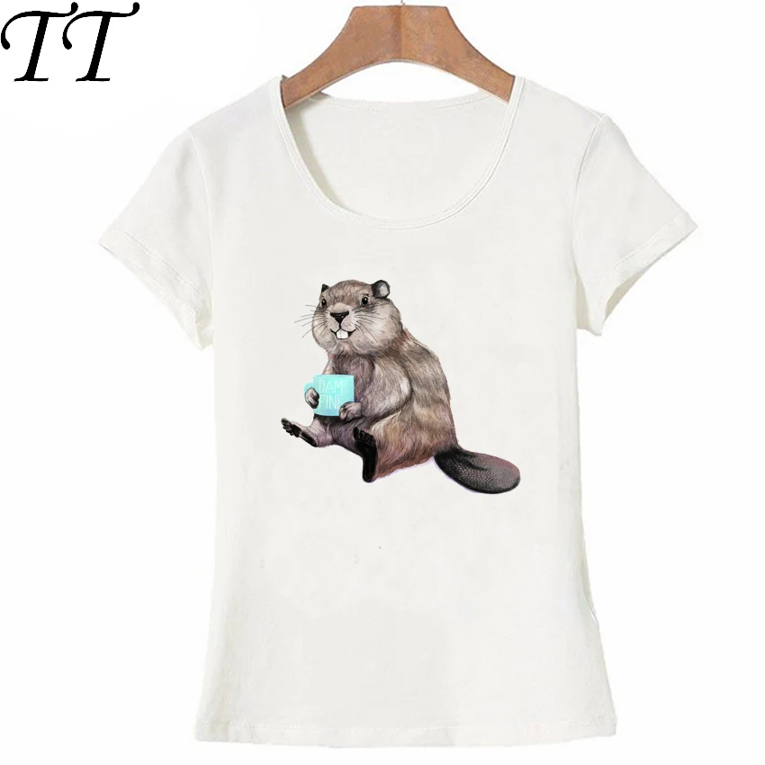 

Beaver having his morning cup of coffee T-Shirt cute women t-shirt lovely animal print Tops summer funny female shirt girl Tees