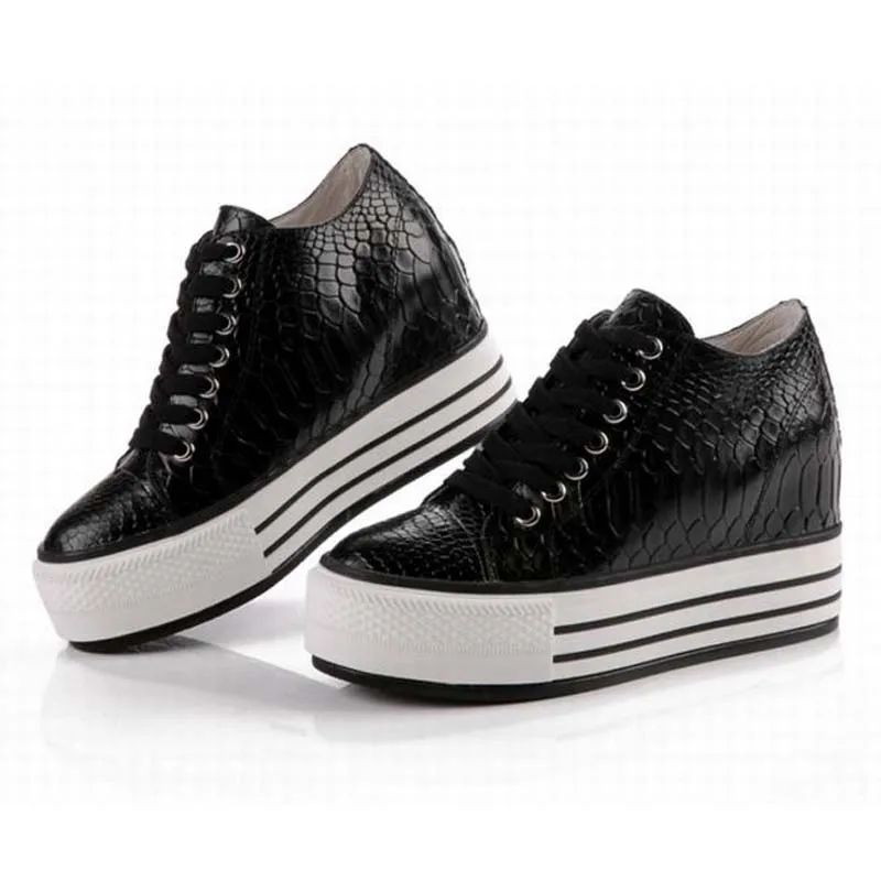 Crocodile Lacets Dames Hot Ascenseur Plate Mode Chaussures Wedge Croissante Serpent À Casual Hauteur Black Cuir 2017 Véritable forme Nouvelle qtpqF