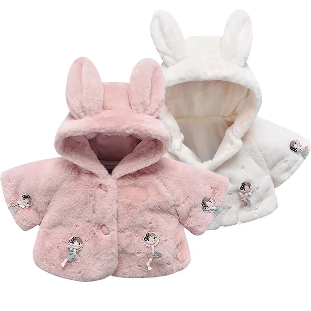 Muqgew для новорожденных Детские Зимние куртки для девочек; пальто для маленькой девочки, милые заячьи ушки бело-розовое пальто с мехом# XTN