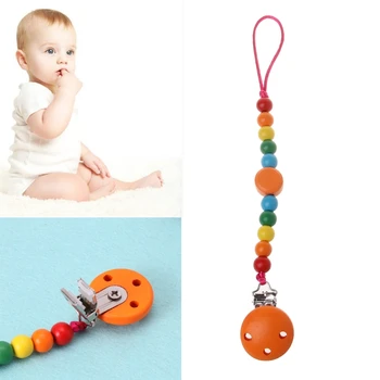 

Rainbow Wood Beaded Pacifier Clip Dummy Chain Nipple Holder For Infant Soother