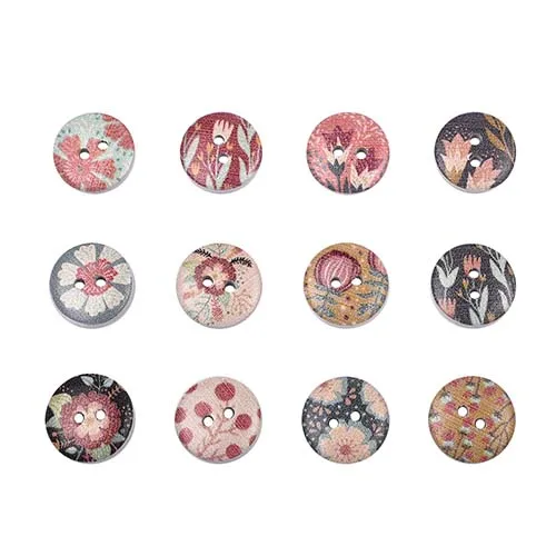 50Pcs 2 Holes Princess Cat Heart Robot Printed Wooden Button Round 15mm Decorative Wood Buttons For Clothing Sewing Decoration - Цвет: 502-Flowers