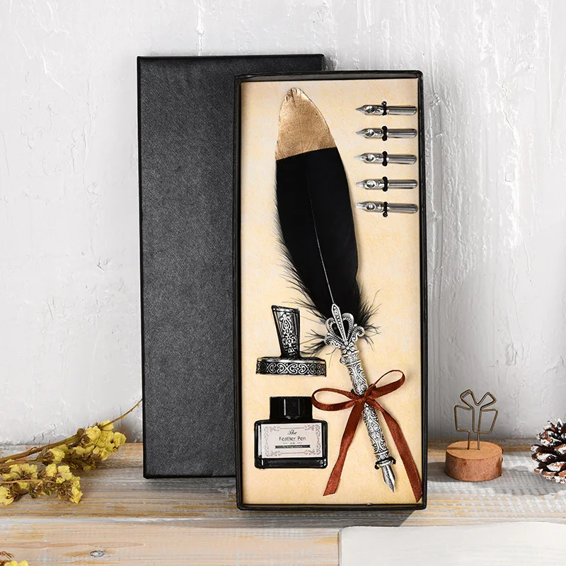 

YDNZC Exquisite Retro Feather Dip Pen Set Delicate Wedding Gift Box Writing Ink Fountain Pen Quill Pen Creative Stationery