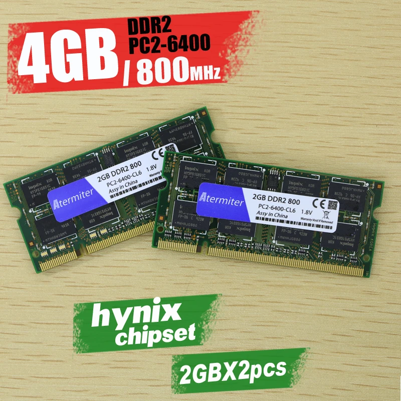 

Atermiter 4G 4GB(2GBX2pcs) DDR2 pc2 6400 800Mhz 2RX8 Laptop Memory 4G pc2-6400S ddr2 800 MHZ 200pin Notebook RAM (hynix chipset)