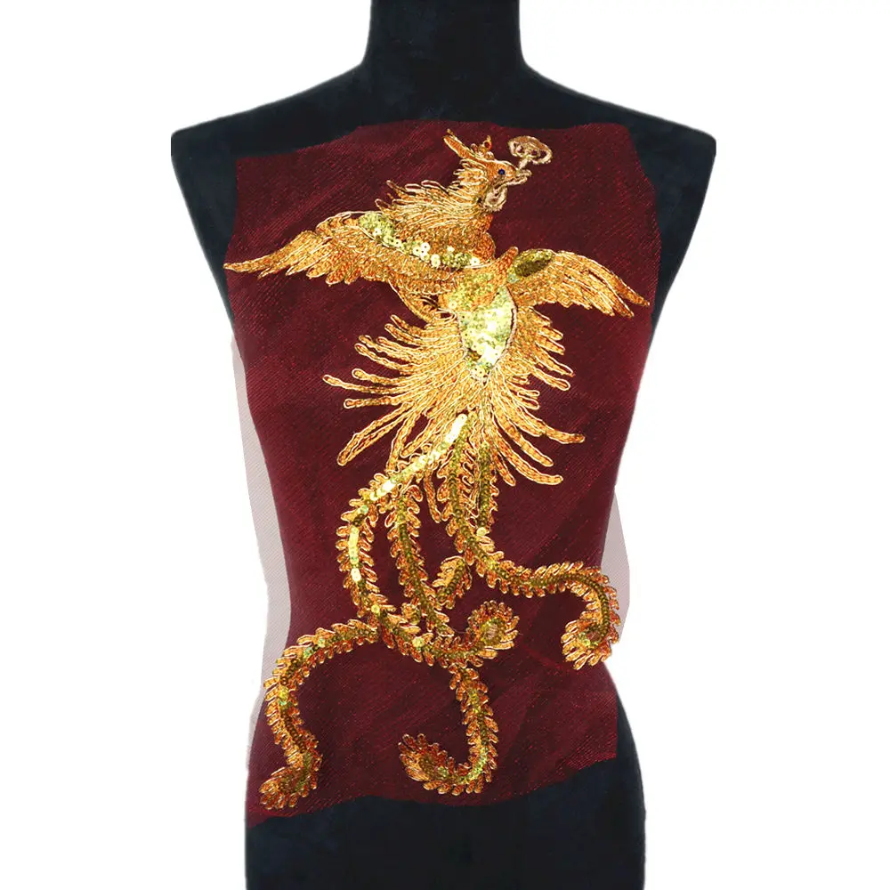 

Gold Sequins Phoenix Bird Red Mesh Embroidered Wedding Gown Appliques Lace Trims Sew On Patches For Dress DIY Decoration