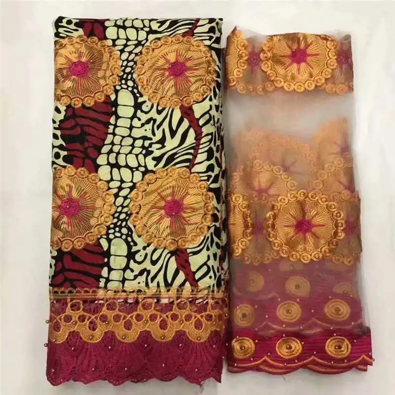 

African Wax Print Water Soluble Fabric 2 yards net lace with 6yards 100% cotton wax fabric Wedding Dress African Wax Lace fabric