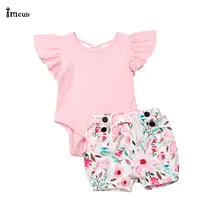 0-24M Newborn Toddler Baby Girl Summer Clothing Set Off Shoulder Pink Romper Top Floral Printed Shorts 2Pcs Outfit Set