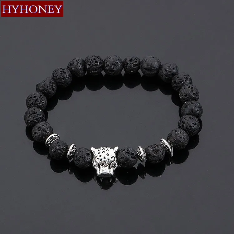 

HYHONEY 2017 Silver Plated Buddha Leopard head Bracelet Lava Natural Stone Beaded Bracelets For Men Women