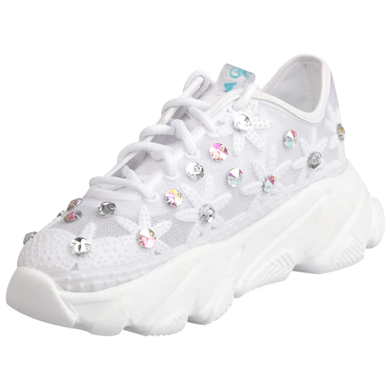 

Breathable flower rhinestone white women's shoes platform thin mesh lace women's shoes sports shoes