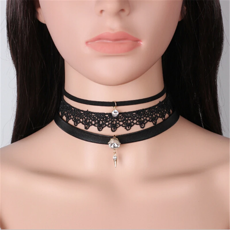 

2017 Handmade Sexy Clear Crystal Black Leather Choker Necklace For Women Choker Lace Necklace Set Chain Colar Chockers Collier