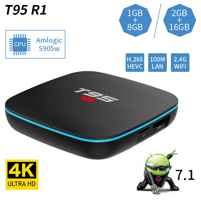 T95 R1 Smart Android 7,1 ТВ Box 1 GB + 8 GB/2 GB + 16 GB Amlogic S905W 4 ядра 2,4 ГГц Wi-Fi телеприставки 4 K HD 100 M LAN Media Player