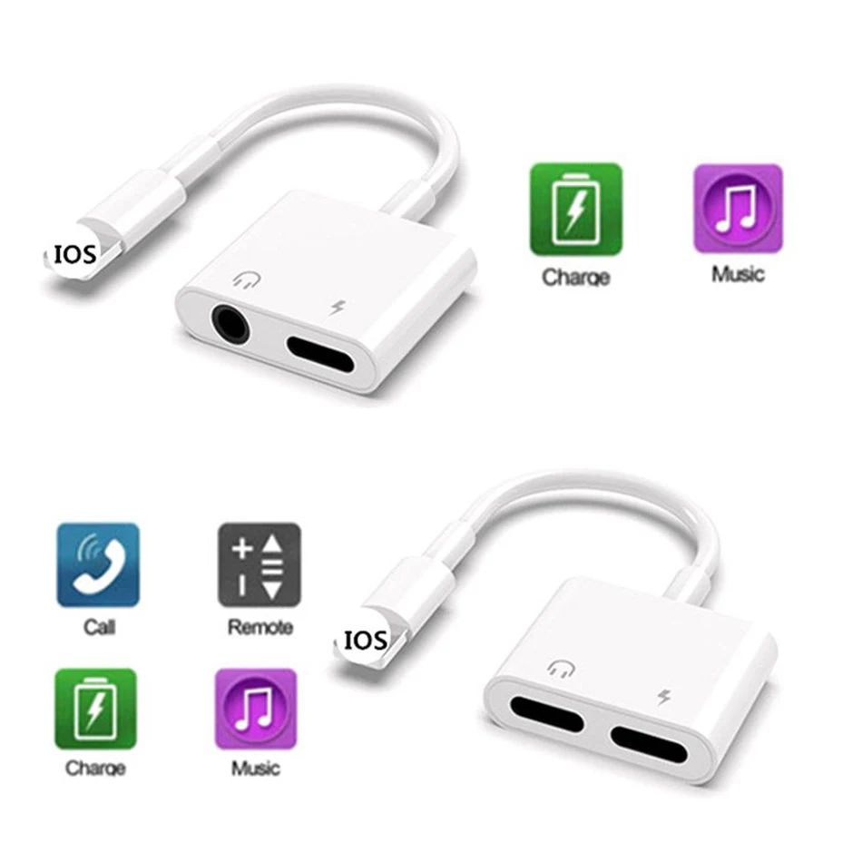 

2 in 1 Audio Adapter 3.5mm Charging Earphone Cable Jack Handset For iPhone Lighting Headphone Splitter Charge Call Music Control