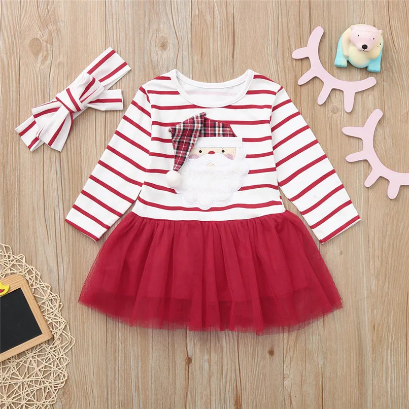 

Christmas Long Sleeve Girls Dress Kid Baby Girl Striped Cartoon Santa Party Princess Dress+Headbands Toddler Girl Dress O23#F