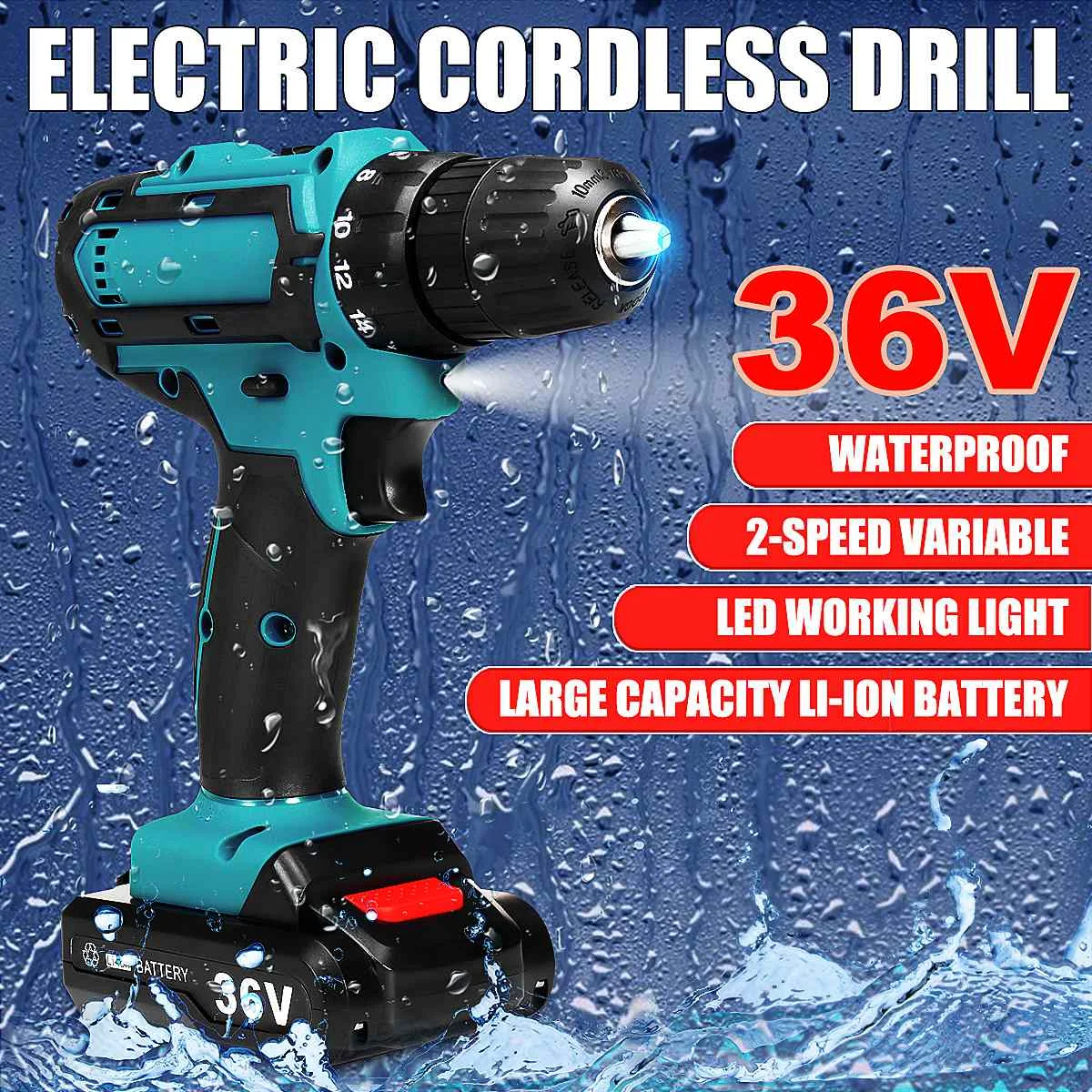 

36V Power Dirlls Cordless Electric Drill 2 Speed Adjustment LED Lighting Screw Driver Tool With 1/2 Battery Power Tools