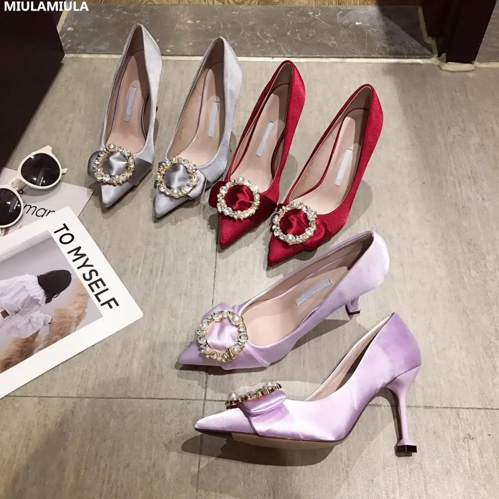 

MIULAMIULA Brand Designers 2019 New Luxury Bling Crystal Pearl Buckle Woman Pointed Silk Shoe Slip On High Thin Heels Pumps Lady