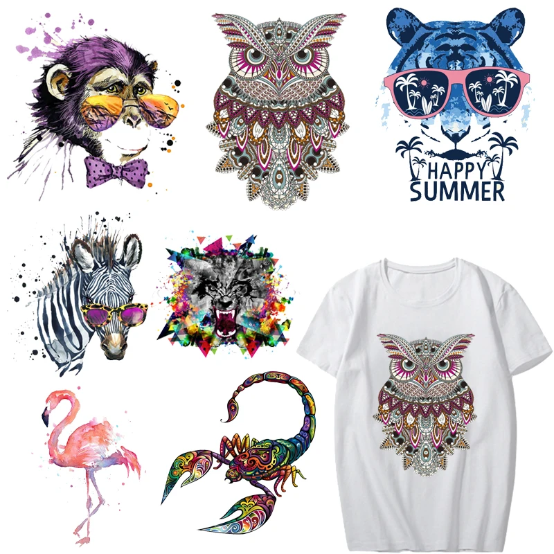 

Watercolor Animal Patch Iron on Transfer Owl Tiger Flamingo Patches for Clothing DIY Shirt Applique Heat Transfer Vinyl Stickers