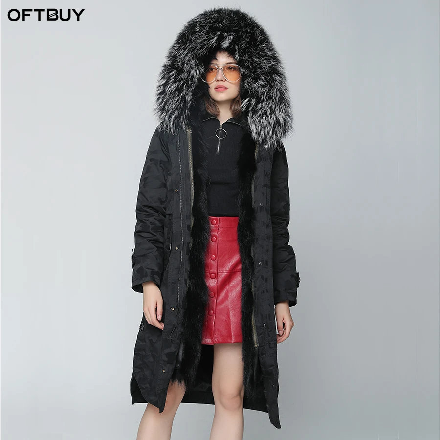 

OFTBUY 2019 Winter Jacket Women Real Fur Coat X-long Camouflage Parka Natural Raccoon Fur Collar Hood Fox Fur Inside Streetwear