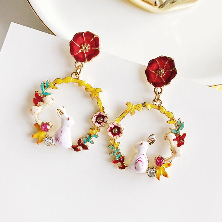 2017-Simple-All-Match-Drop-Oil-Multi-element-Earrings-Lovely-Rabbit-Flower-Plants-Pendientes-Mujer-Moda