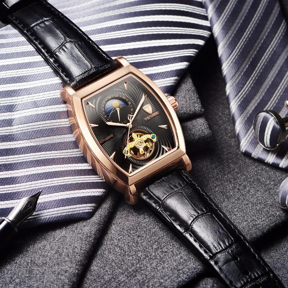 SEWOR, классические Tourbillon мужские часы, брендовые Роскошные автоматические часы, золотой чехол, мужские часы с календарем, черные механические часы