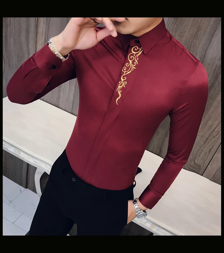 Весенняя вышитая приталенная рубашка с длинным рукавом для мужчин, Клубная рубашка для выпускного вечера, Camisa Masculina, роскошная Корейская мужская рубашка Kemeja Pria