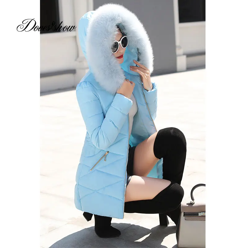 Зимнее пуховое пальто с меховым воротником и капюшоном, куртка-бомбер, теплая Женская куртка Casaco Feminino Abrigos Mujer Invierno, стеганая парка, верхняя одежда - Цвет: BLUE