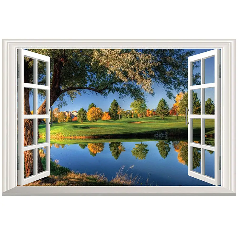 

3D Full Colour High Definition Forests Riverside Reflection Nature False Faux Window Frame Window Mural Vinyl Bedroom