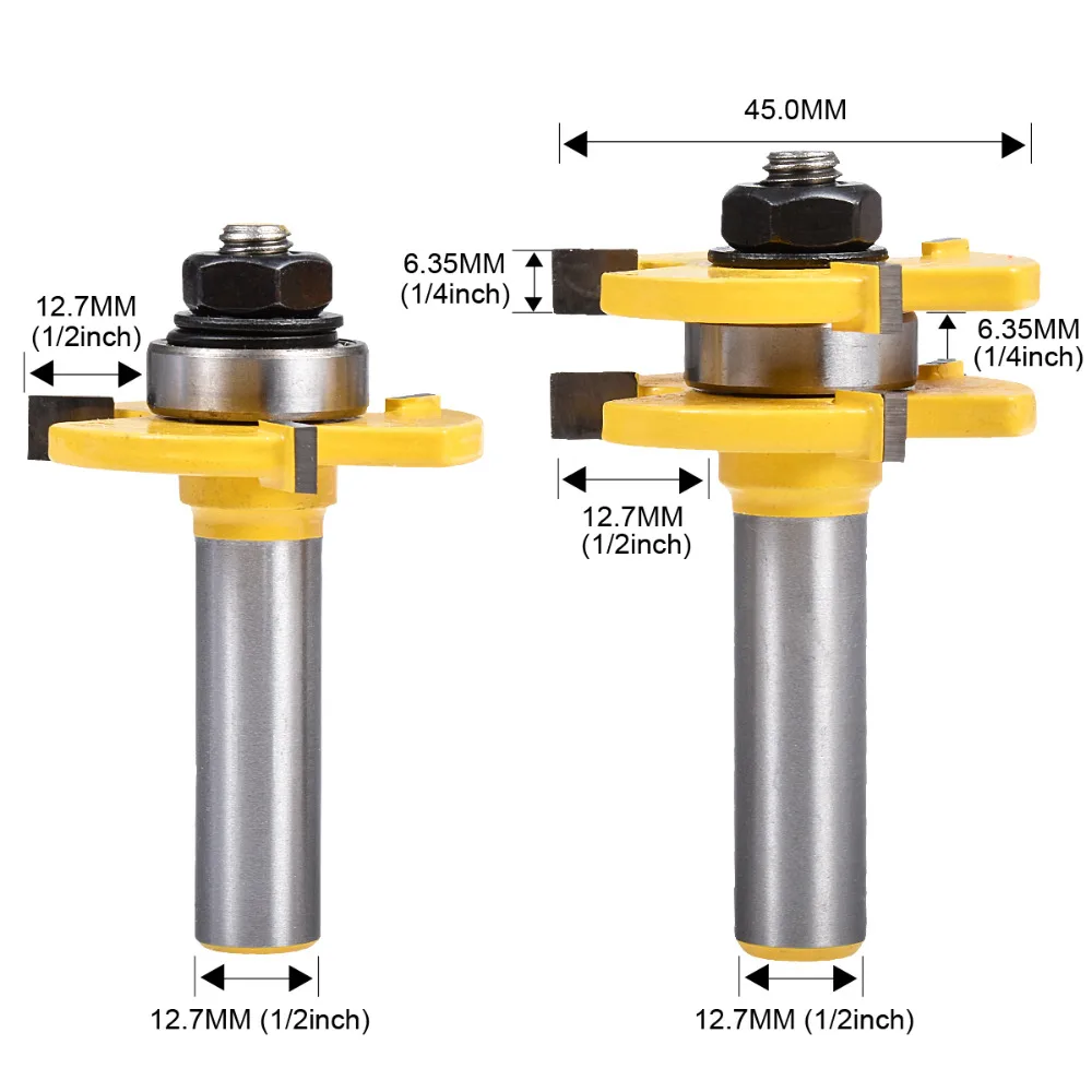 

2Pcs 1/2'' Shank 1/4'' Blade Width Milling Cutter Woodworking 1/2 Cut depth Lock Miter Carbide Router Bit For Wood