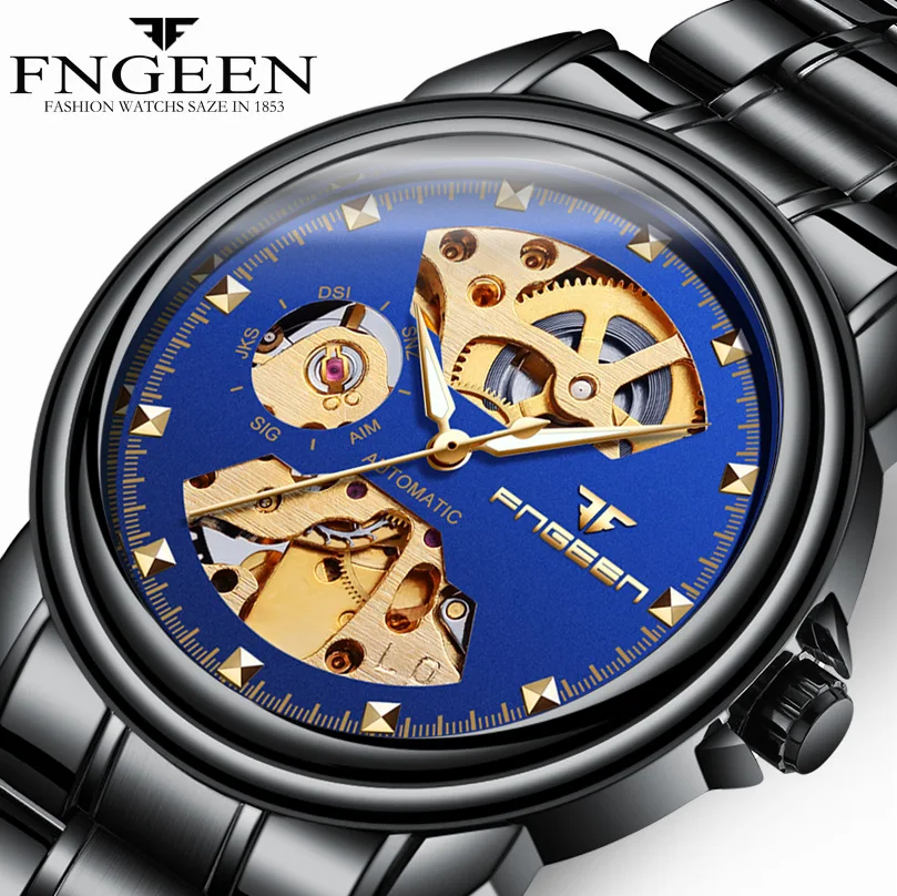 

FNGEEN Relogio Automatico Watch Men Skeleton Mechanical Watches Stainless Steel Band Waterproof Clock zegarki meskie horloges