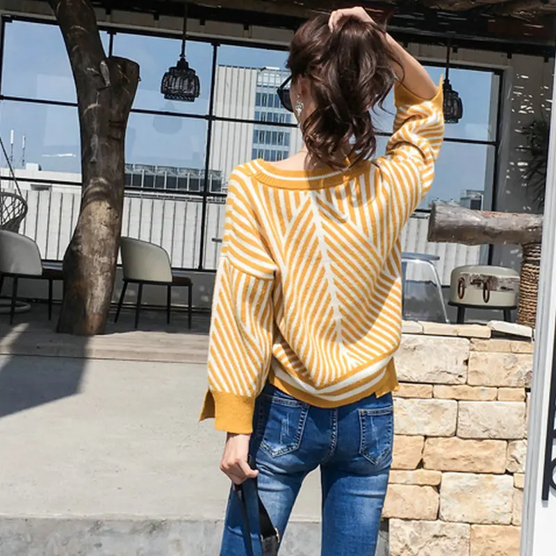 Fashion Women Autumn Pullover Sweaters Yellow Stripes Knitted Top Girl Three Quater Sleeve V-neck Knitwear Woman Casual Pullover