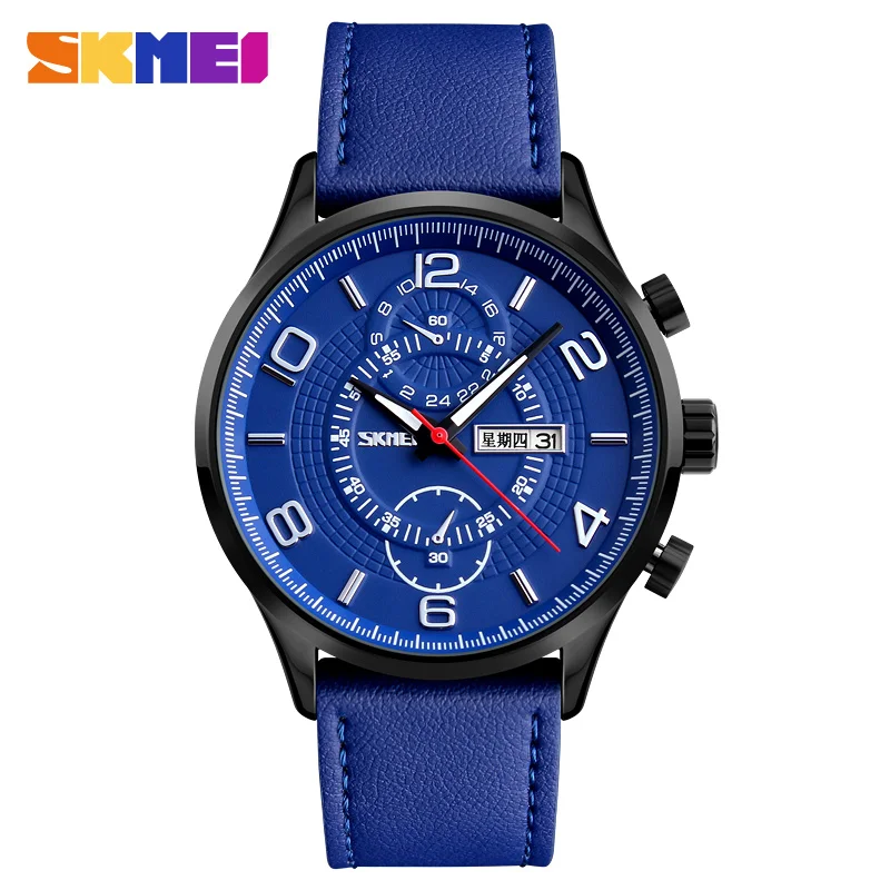 Reloj de cuarzo a la moda SKMEI marca correa de cuero reloj de la Semana de la fecha a prueba de agua relojes de pulsera para hombre