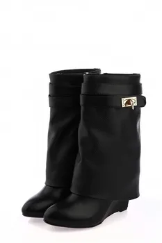 

EMMA KING Fashion Wedge Heels Women Mid-calf Boots Slip-on Fold Lady Motorcycle Boots Height Increasing Woman Zapatos De Mujer