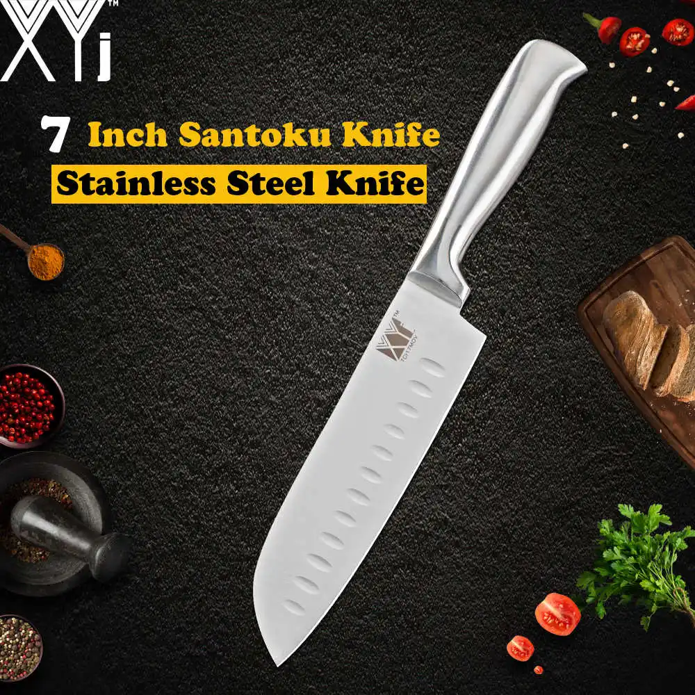 XYj точилка для ножей из нержавеющей стали, нож для очистки овощей Santoku, кухонный нож шеф-повара для нарезки хлеба, 8 дюймов, Держатель ножей, 8 шт, наборы для приготовления пищи - Цвет: Santoku