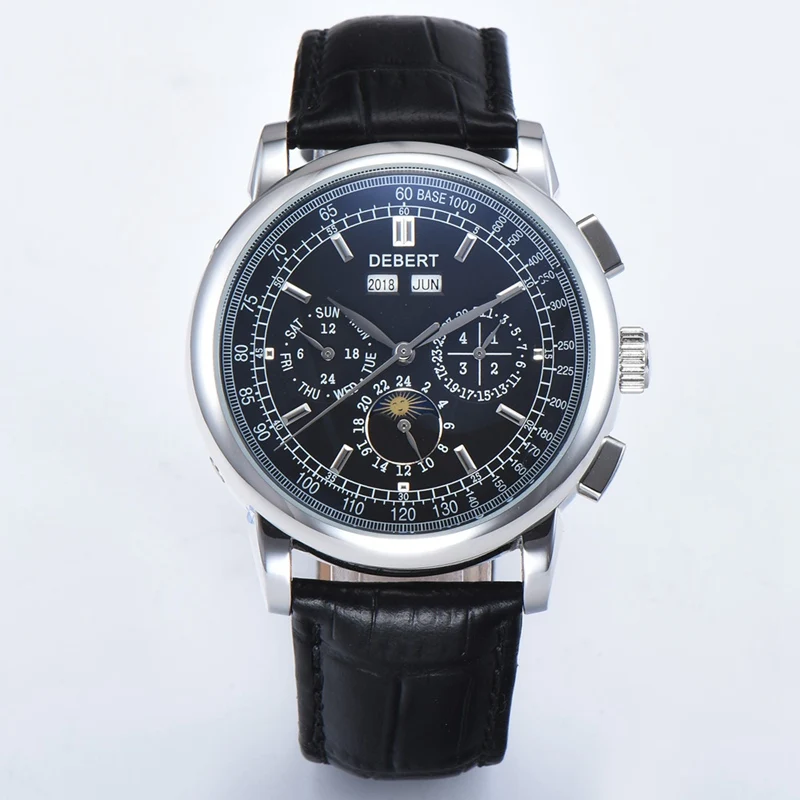 

DEBERT 42mm Mens Multifunction Automatic Watch Sport Style 5 ATM Waterproof WristWatch Black Dial Mechanical Watches DA6015SB