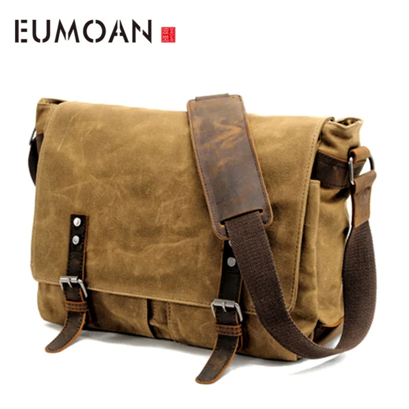 

EUMOAN Horizontal male camera bag, casual single shoulder bag batik canvas with mad horse purse, SLR waterproof photography bag
