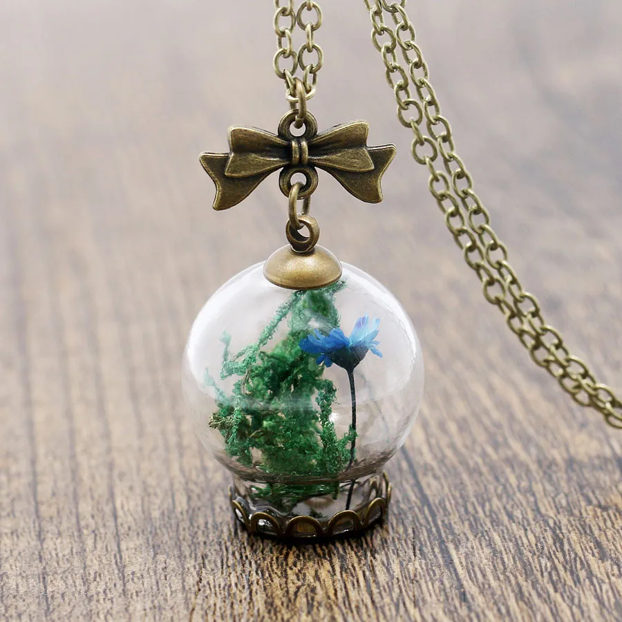 Natural Red Flower Glass Whishing Bottle Pendant Necklace For Women Antique Bronze Bijoux Flower Grass Necklace Jewelry 620234