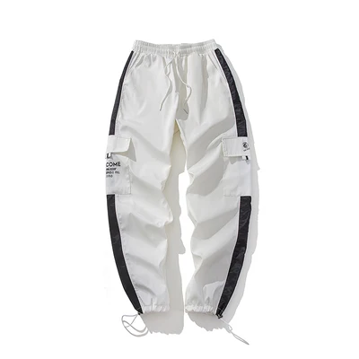 Разборчивые Лоскутные Боковые Полосатые прямые брюки для бега мужские мужские уличные спортивные штаны Мужские Винтажные корейские весенние брюки - Цвет: White(Asian Size)
