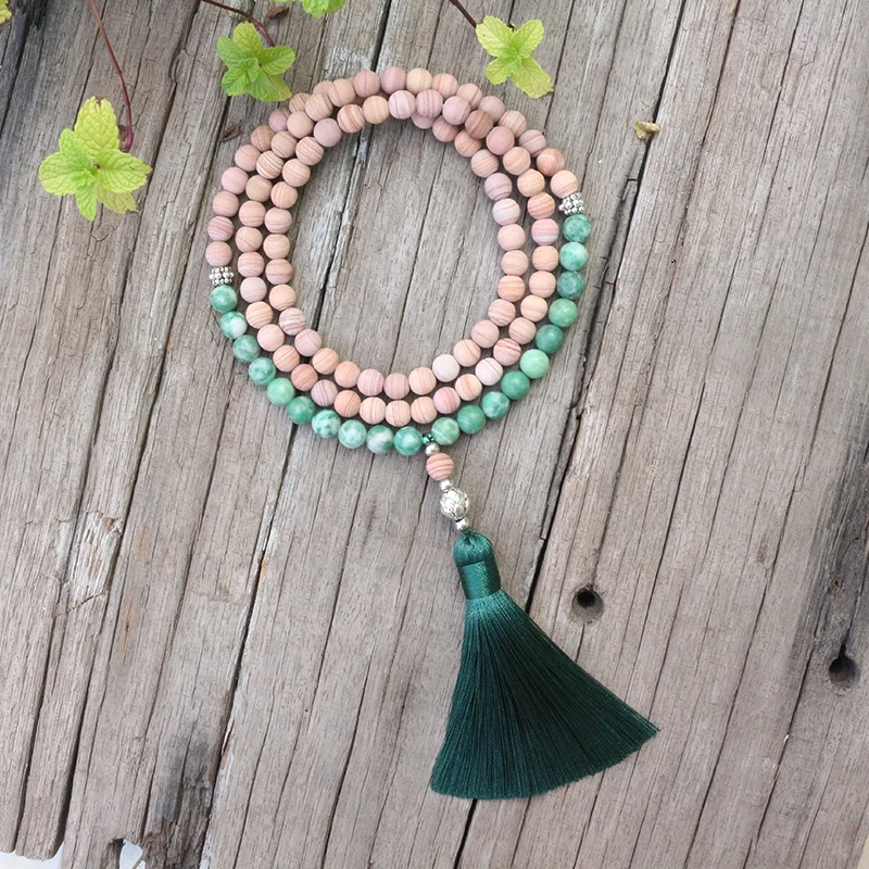 8mm Natural Stone Beads,Matte Line Stone,Qinghai Jadeite,JapaMala Sets,Spiritual Jewelry,Meditation,Inspirational,108 Mala Beads